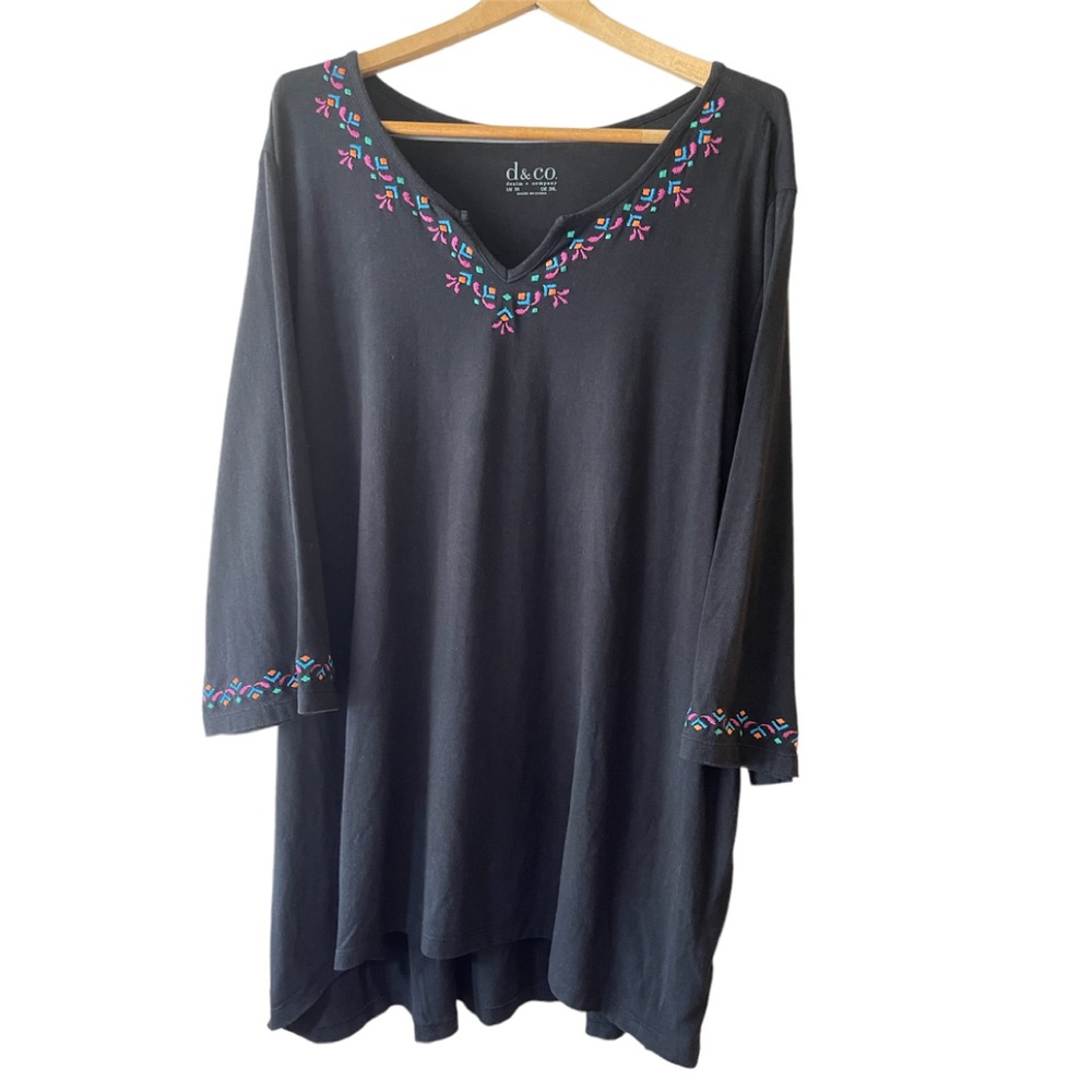 d co Denim Company Top Blouse Black Embroidered 3XL